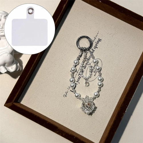 A1205-K9 30cm Phone Strap Pearl Crown Pendant Keychain Crystal Rhinestone Mobile Phone Lanyard Charm with Removable Blank White Card - White - 1