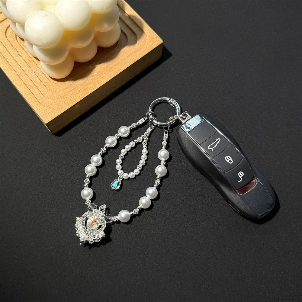 A1205-K9 30cm Phone Strap Pearl Crown Pendant Keychain Crystal Rhinestone Mobile Phone Lanyard Charm with Removable Blank White Card - White - 2