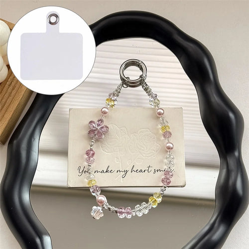 A1206 30cm Phone Lanyard Colorful Flower Crystal Beaded Phone Charm Wrist Strap with Removable Blank White Card - Pink - 1