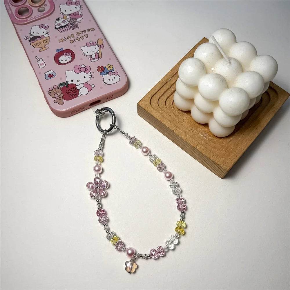 A1206 30cm Phone Lanyard Colorful Flower Crystal Beaded Phone Charm Wrist Strap with Removable Blank White Card - Pink - 2