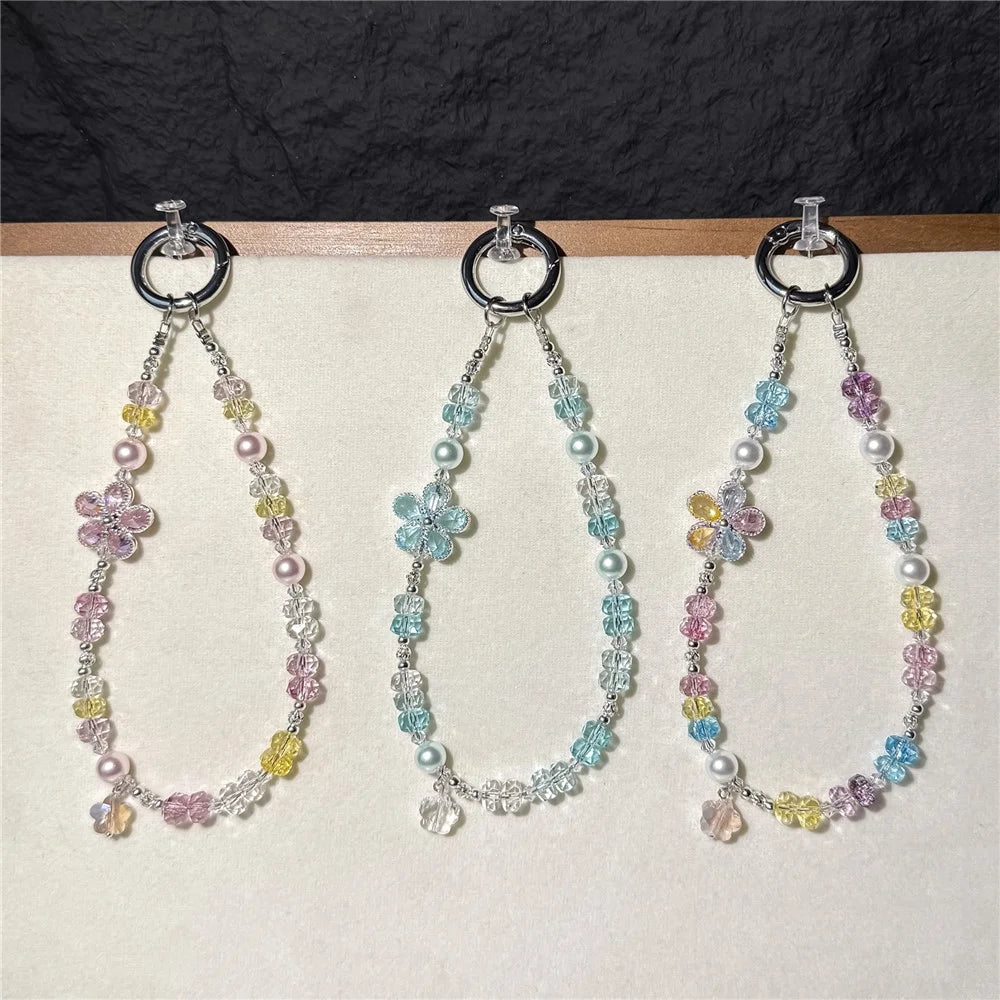A1206 30cm Phone Lanyard Colorful Flower Crystal Beaded Phone Charm Wrist Strap with Removable Blank White Card - Pink - 3
