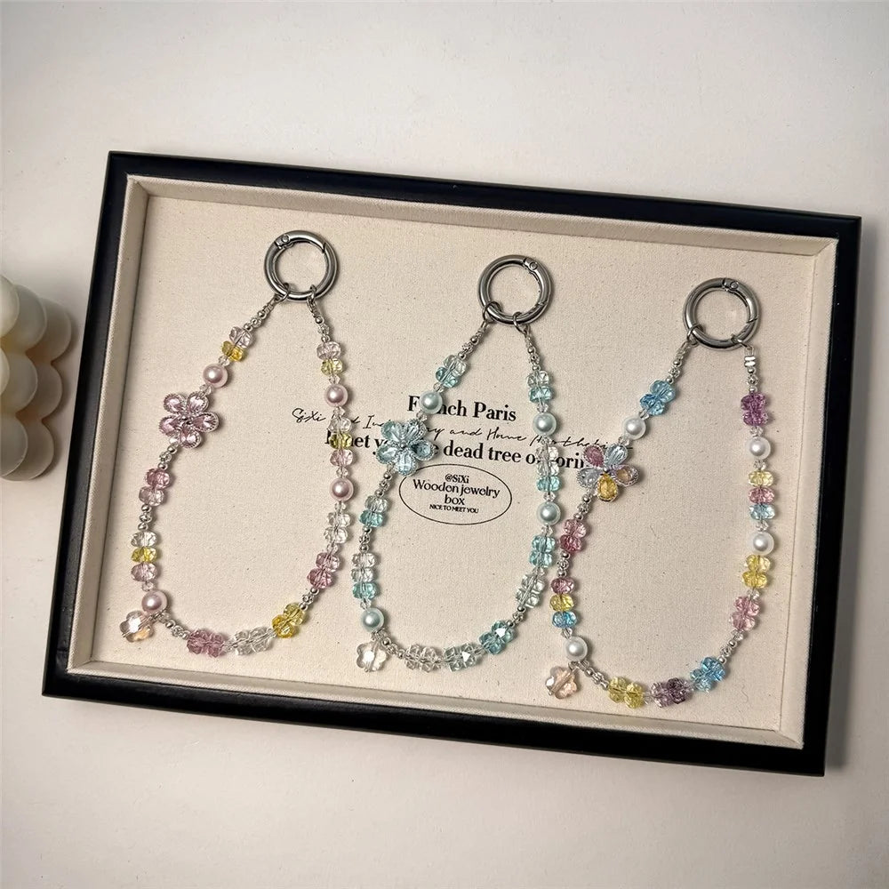 A1206 30cm Phone Lanyard Colorful Flower Crystal Beaded Phone Charm Wrist Strap with Removable Blank White Card - Pink - 4