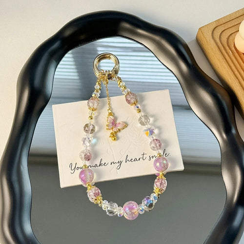 15cm Butterfly Phone Chain Alloy Gold Foil Beaded Phone Strap Wrist Lanyard Keychain Phone Accessories with Tether Tab - Purple - 1