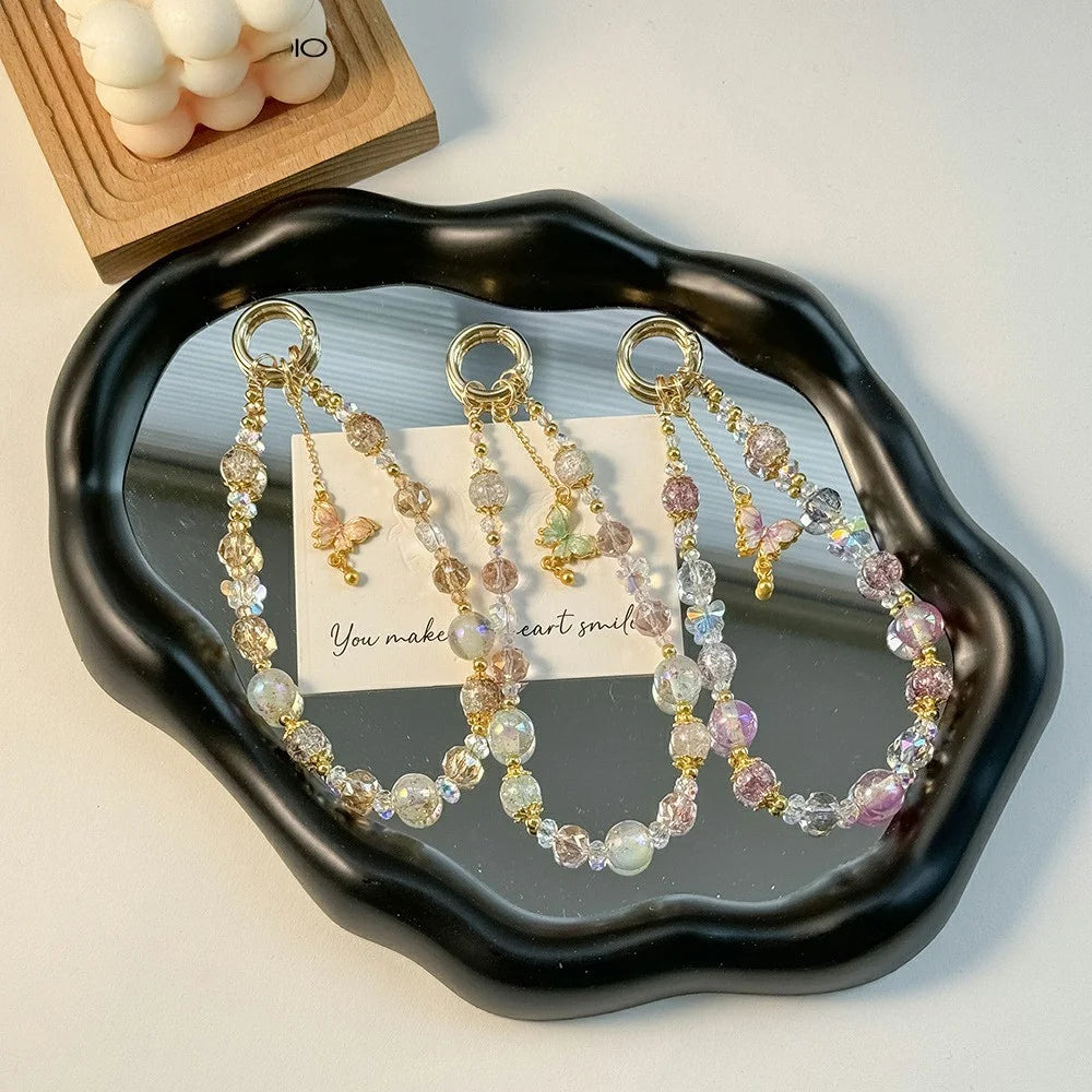 15cm Butterfly Phone Chain Alloy Gold Foil Beaded Phone Strap Wrist Lanyard Keychain Phone Accessories with Tether Tab - Purple - 2
