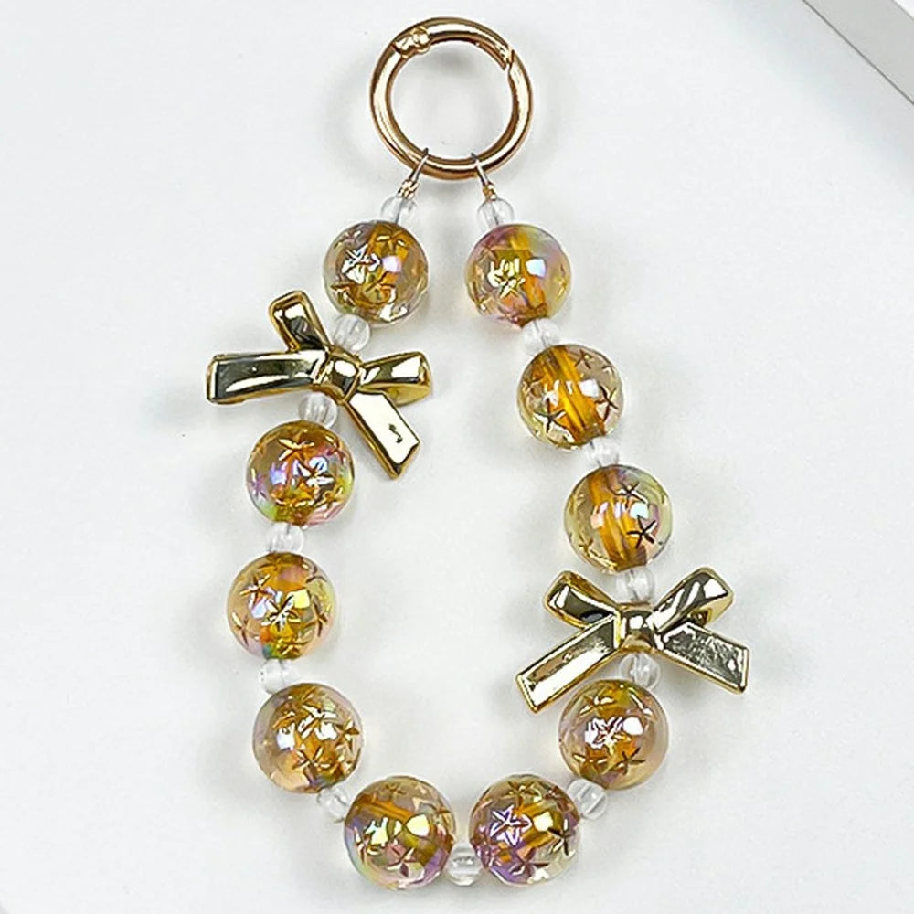 12cm Starry Bow Crystal Phone Chain Keychain Charm Iridescent Beads Wrist Strap with Tether Tab - Gold - 1