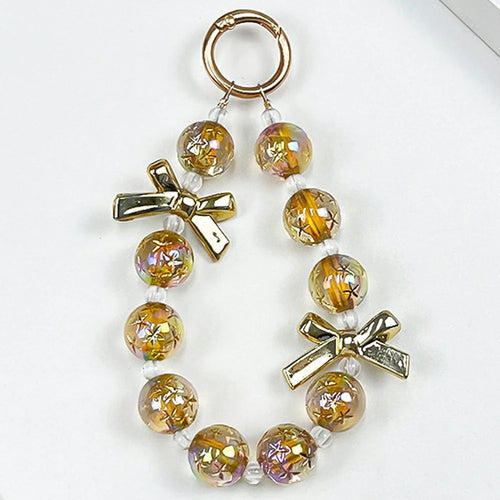 12cm Starry Bow Crystal Phone Chain Keychain Charm Iridescent Beads Wrist Strap with Tether Tab - Gold - 1