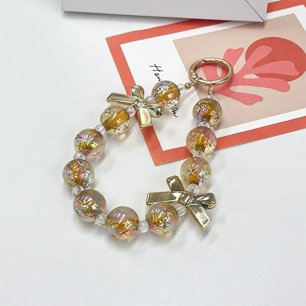 12cm Starry Bow Crystal Phone Chain Keychain Charm Iridescent Beads Wrist Strap with Tether Tab - Gold - 2