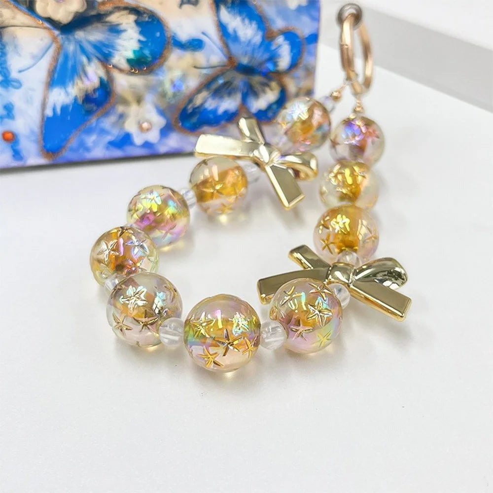 12cm Starry Bow Crystal Phone Chain Keychain Charm Iridescent Beads Wrist Strap with Tether Tab - Gold - 3