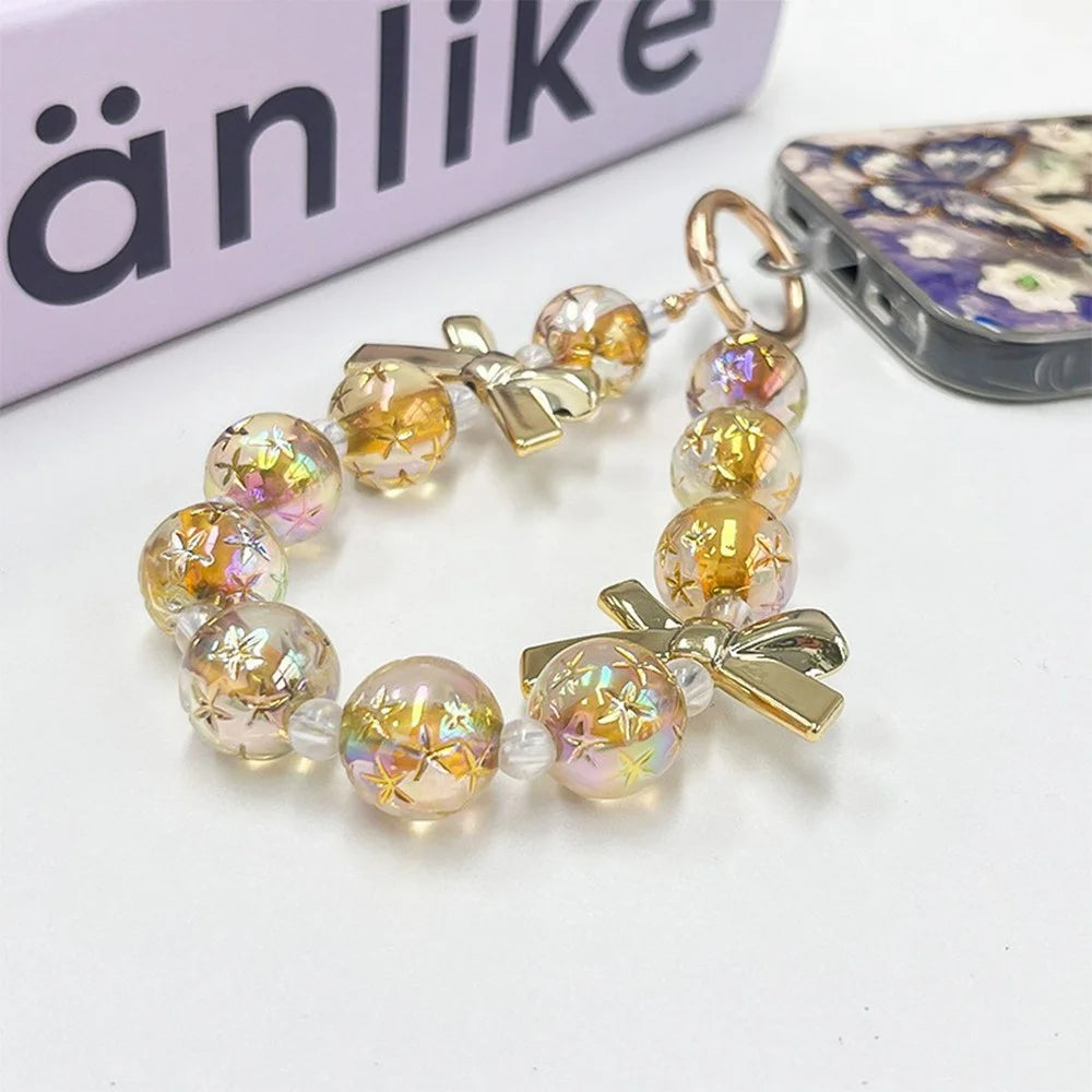 12cm Starry Bow Crystal Phone Chain Keychain Charm Iridescent Beads Wrist Strap with Tether Tab - Gold - 4