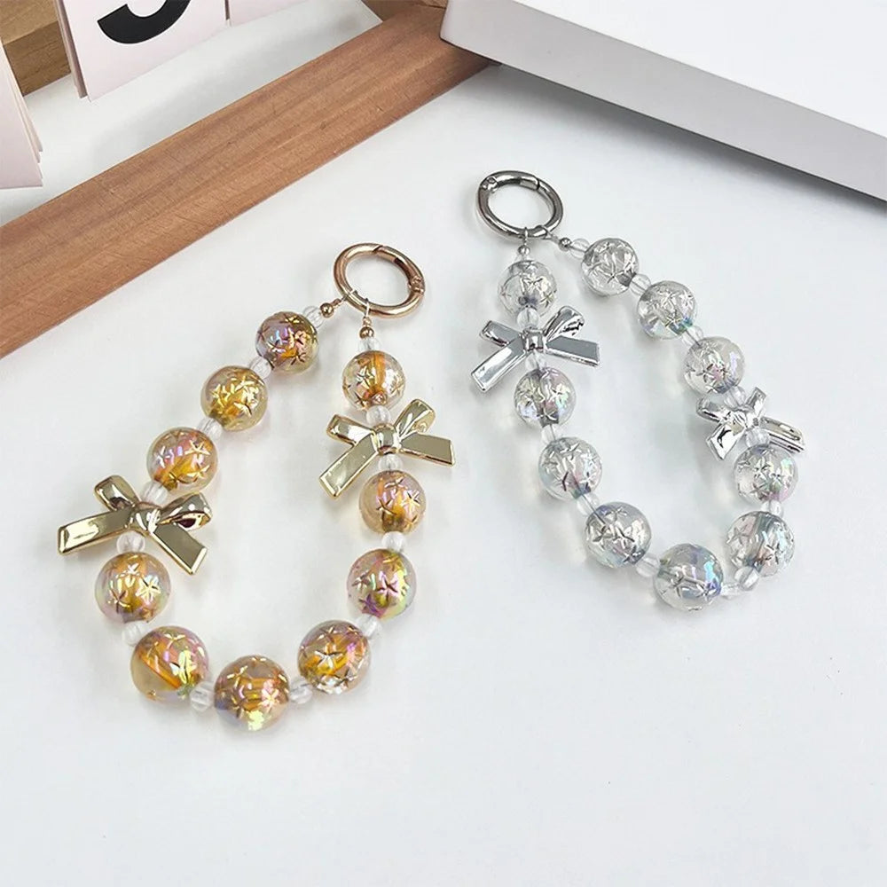12cm Starry Bow Crystal Phone Chain Keychain Charm Iridescent Beads Wrist Strap with Tether Tab - Gold - 5