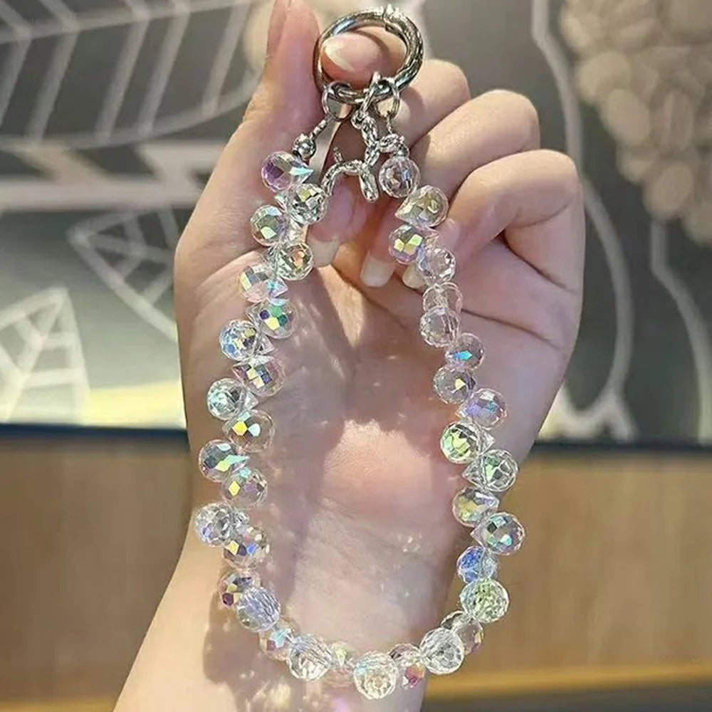 17cm Crystal Beaded Phone Lanyard Wrist Strap Keychain Charm Short Chain with Dog Pendant / Tether Tab - White - 1