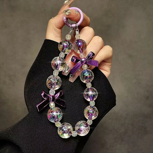 17cm Purple Bow Beaded Phone Strap Wrist Lanyard Chain Charm Accessory with Ring Holder / Tether Tab - 1