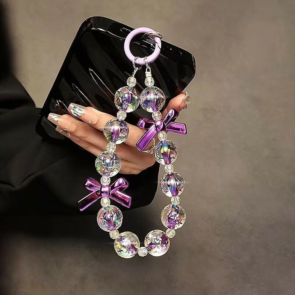 17cm Purple Bow Beaded Phone Strap Wrist Lanyard Chain Charm Accessory with Ring Holder / Tether Tab - 3