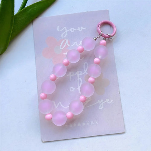 14cm Colorful Beaded Phone Lanyard Anti-loss Wrist Strap Keychain Bag Charm with Clear Tether Tab - Pink - 1