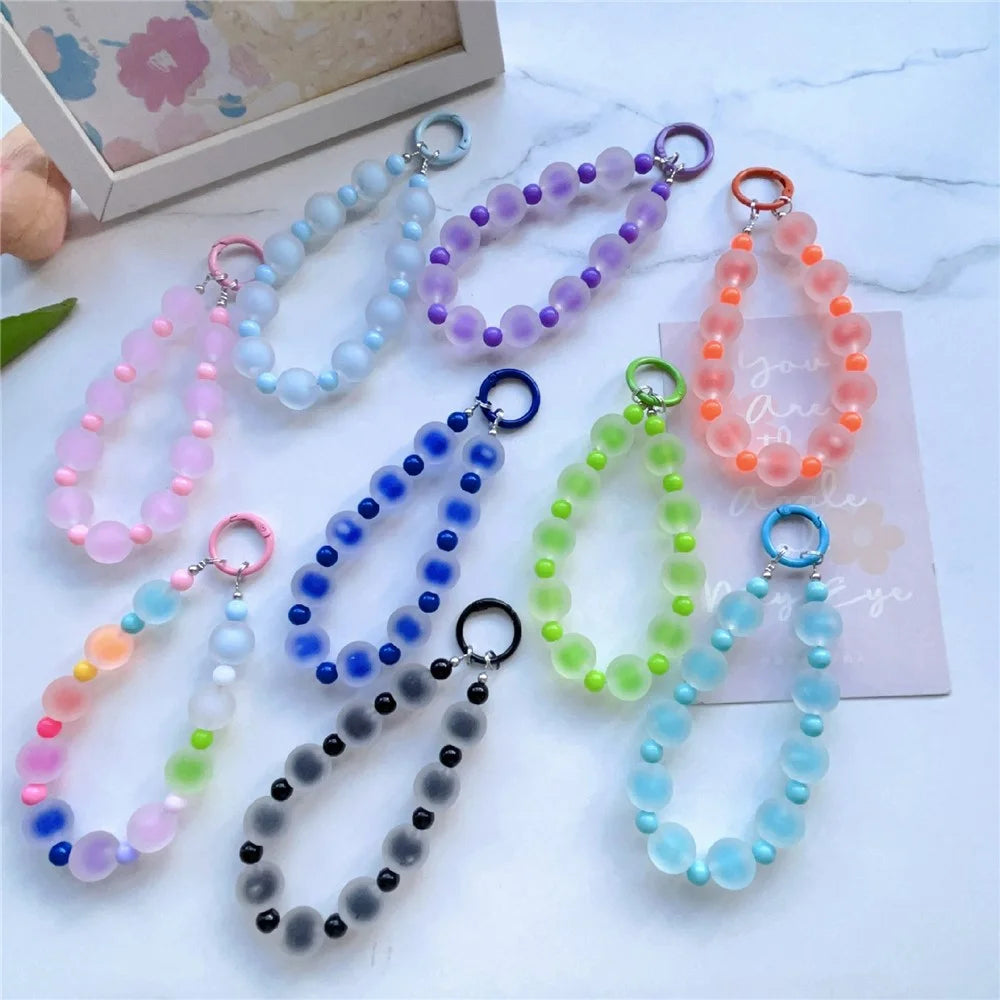 14cm Colorful Beaded Phone Lanyard Anti-loss Wrist Strap Keychain Bag Charm with Clear Tether Tab - Pink - 2