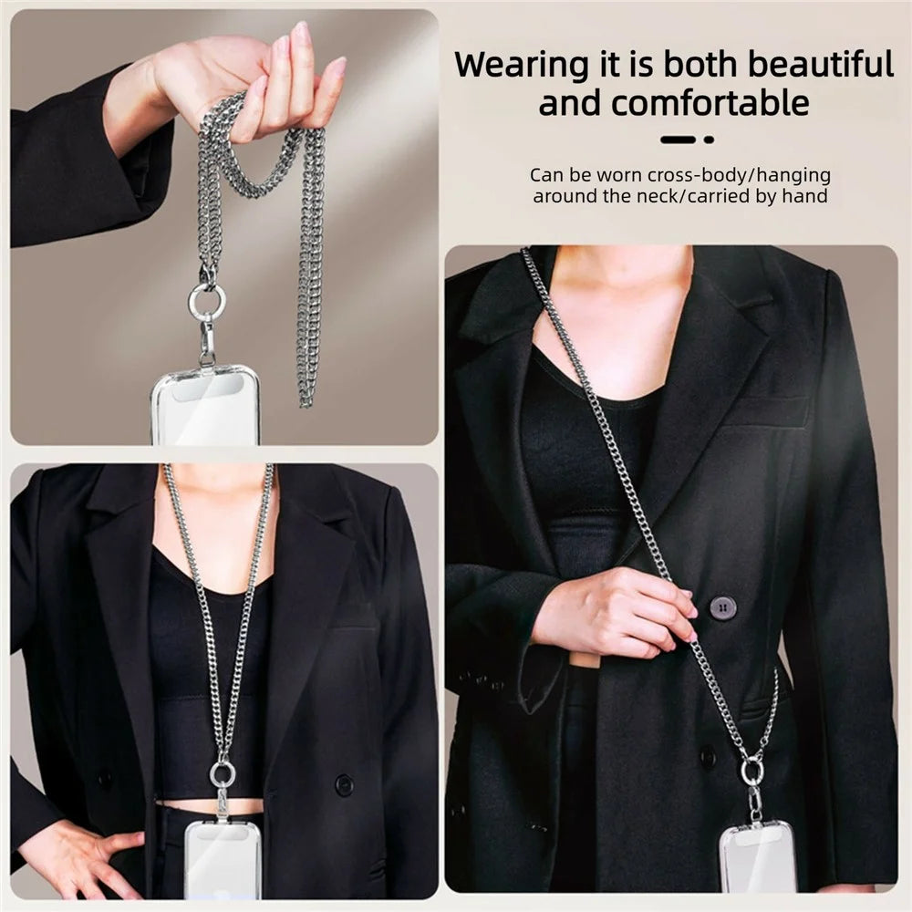 120cm Rotatable Metal Chain Phone Lanyard Crossbody Neck Strap with Tether Tab - Silver - 5