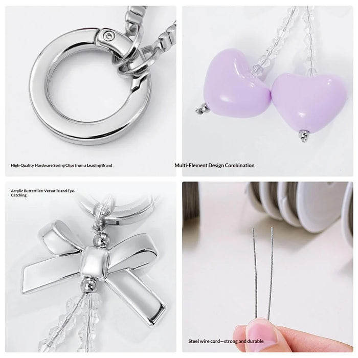 9.5cm Bow Heart Charm Phone Strap Acrylic Crystal Beads Keychain Ring for Mobile Bag Accessory - White - 2