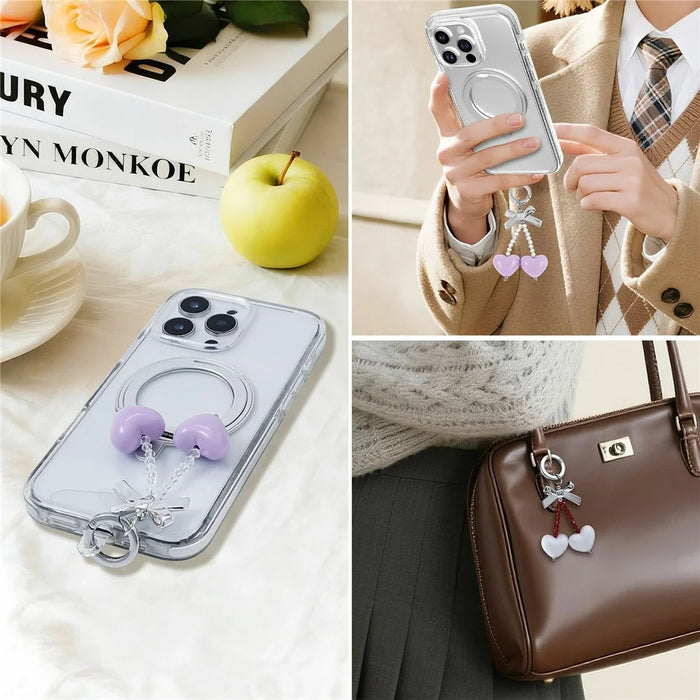 9.5cm Bow Heart Charm Phone Strap Acrylic Crystal Beads Keychain Ring for Mobile Bag Accessory - White - 3