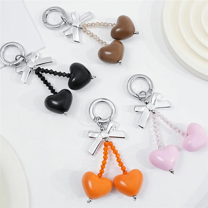 9.5cm Bow Heart Charm Phone Strap Acrylic Crystal Beads Keychain Ring for Mobile Bag Accessory - White - 5