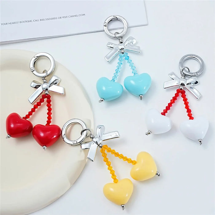 9.5cm Bow Heart Charm Phone Strap Acrylic Crystal Beads Keychain Ring for Mobile Bag Accessory - White - 6