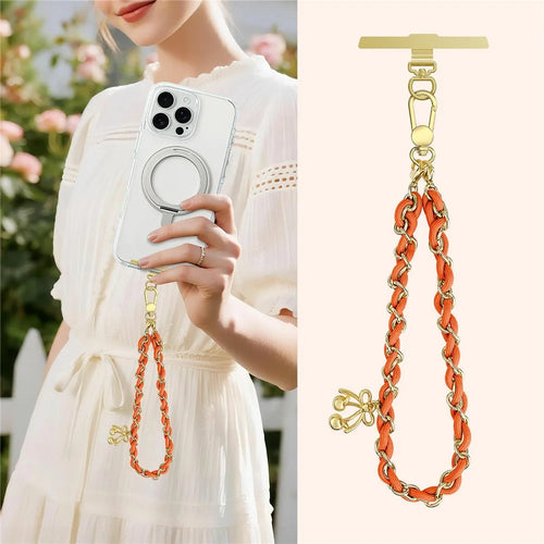 16cm Phone Strap Metal Braided Polyester Lanyard Detachable Wrist Chain with Bow Charm / Tether Tab - Orange - 1