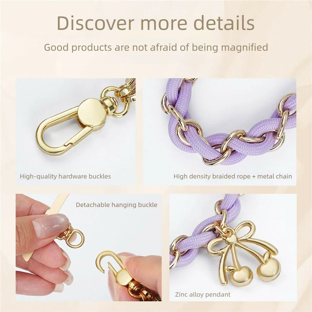 16cm Phone Strap Metal Braided Polyester Lanyard Detachable Wrist Chain with Bow Charm / Tether Tab - Orange - 2