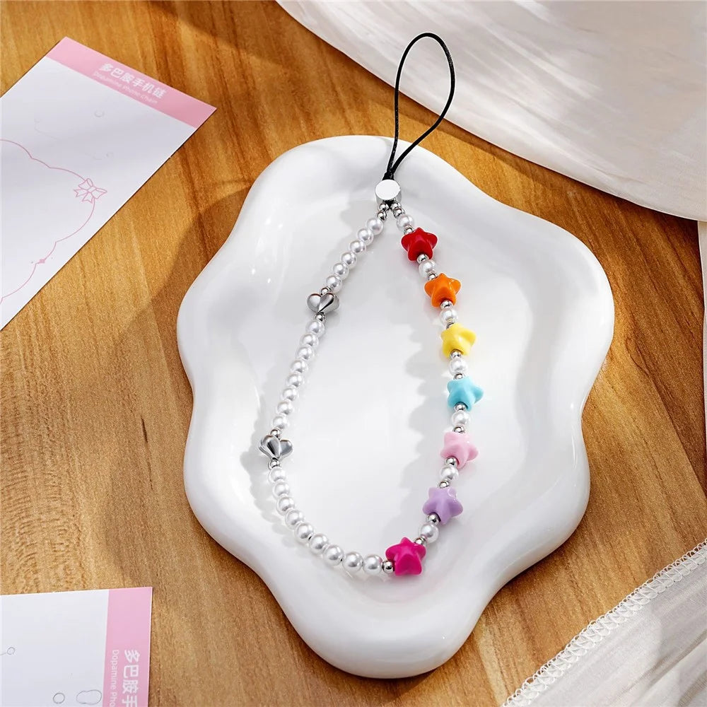17cm Colorful Star Pearl Phone Chain Anti-Lost Lanyard Wrist Strap with Heart Charm Phone Accessories - 2
