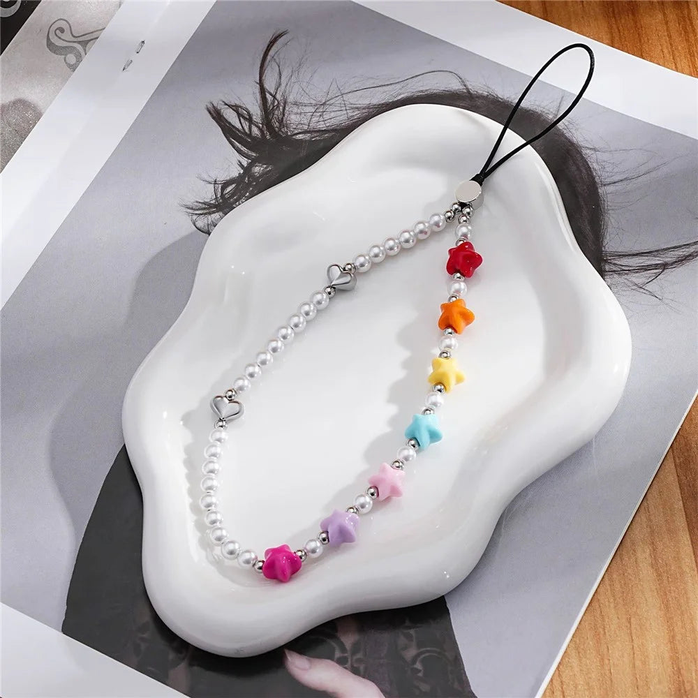 17cm Colorful Star Pearl Phone Chain Anti-Lost Lanyard Wrist Strap with Heart Charm Phone Accessories - 3