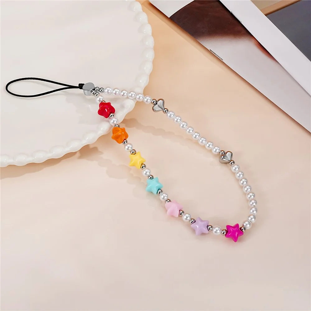 17cm Colorful Star Pearl Phone Chain Anti-Lost Lanyard Wrist Strap with Heart Charm Phone Accessories - 4