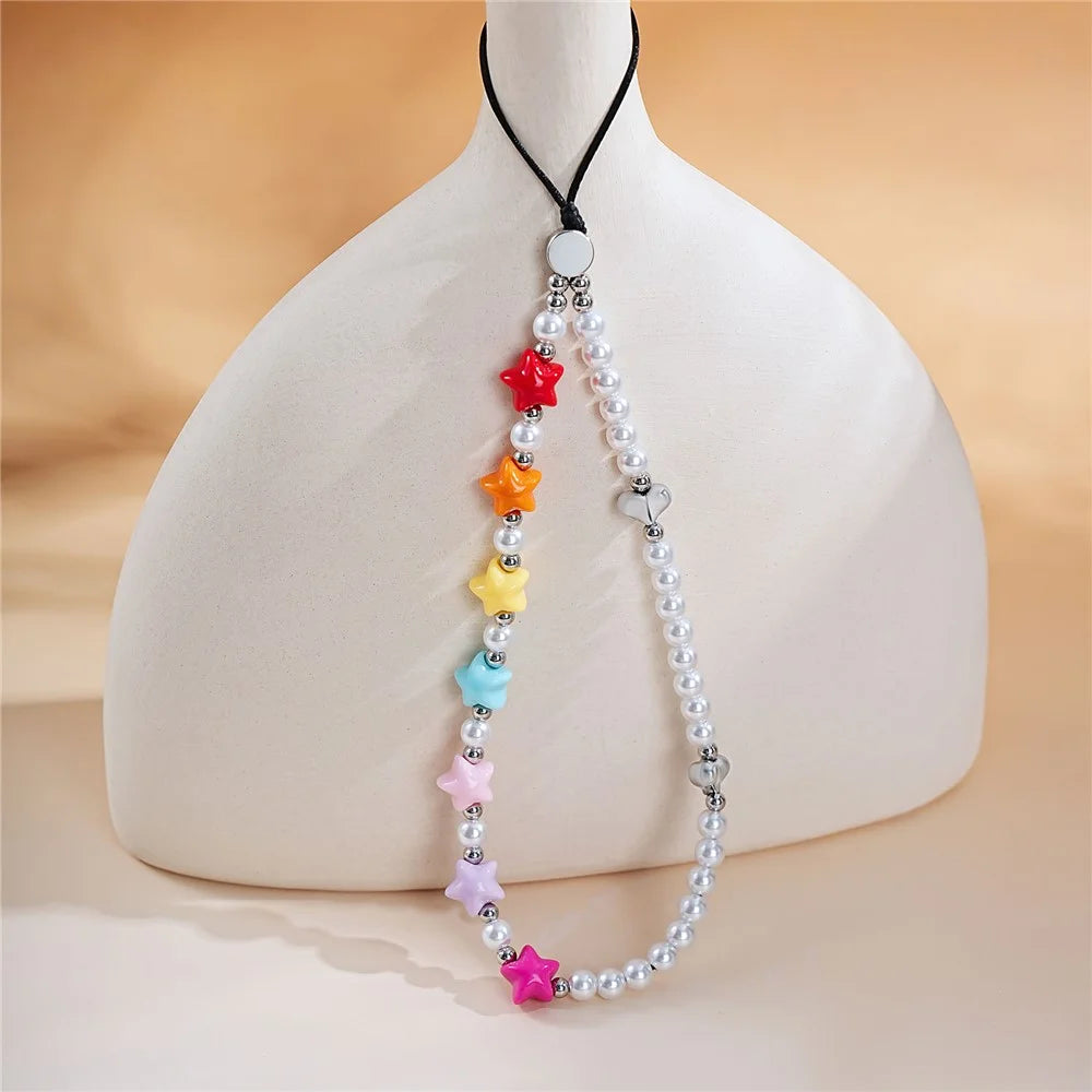 17cm Colorful Star Pearl Phone Chain Anti-Lost Lanyard Wrist Strap with Heart Charm Phone Accessories - 5
