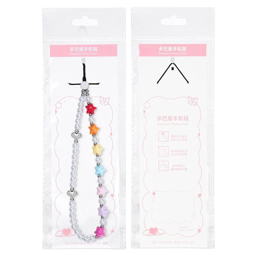 17cm Colorful Star Pearl Phone Chain Anti-Lost Lanyard Wrist Strap with Heart Charm Phone Accessories - 6