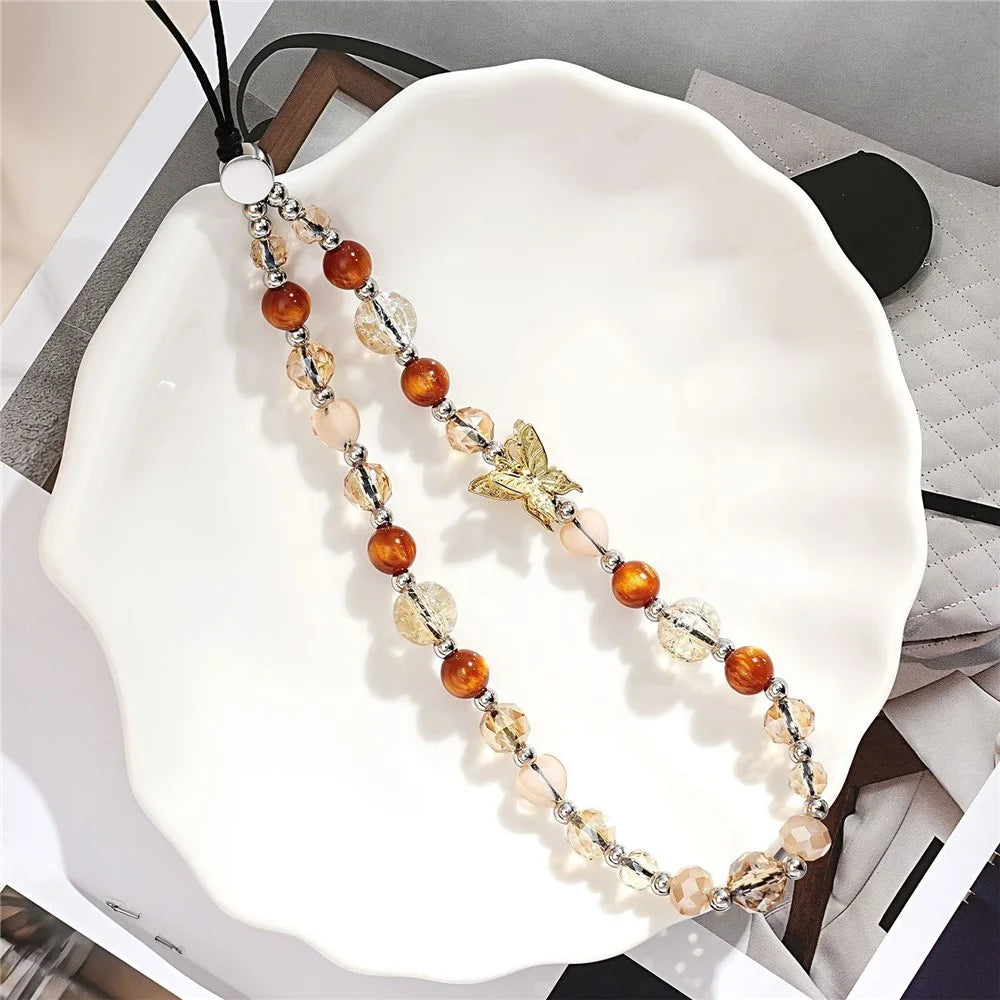 17cm Phone Charm Bracelet Warm Orange Crystal Beads Phone Chain with Butterfly Charm Anti-lost Keychain Wrist Strap - 2