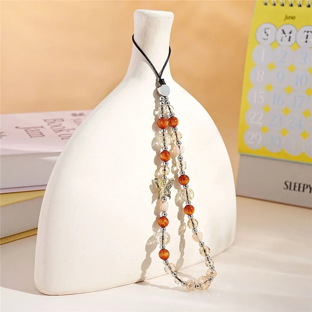 17cm Phone Charm Bracelet Warm Orange Crystal Beads Phone Chain with Butterfly Charm Anti-lost Keychain Wrist Strap - 3