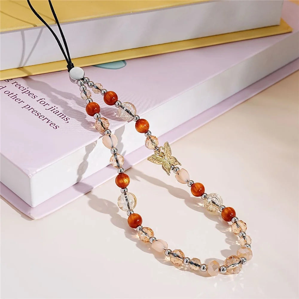 17cm Phone Charm Bracelet Warm Orange Crystal Beads Phone Chain with Butterfly Charm Anti-lost Keychain Wrist Strap - 4