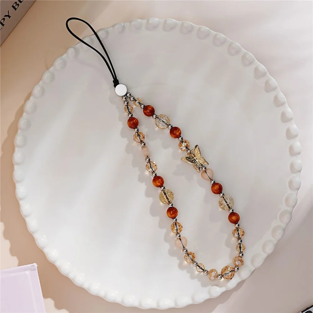 17cm Phone Charm Bracelet Warm Orange Crystal Beads Phone Chain with Butterfly Charm Anti-lost Keychain Wrist Strap - 5