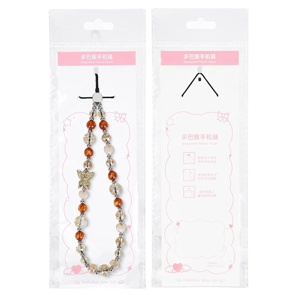 17cm Phone Charm Bracelet Warm Orange Crystal Beads Phone Chain with Butterfly Charm Anti-lost Keychain Wrist Strap - 6