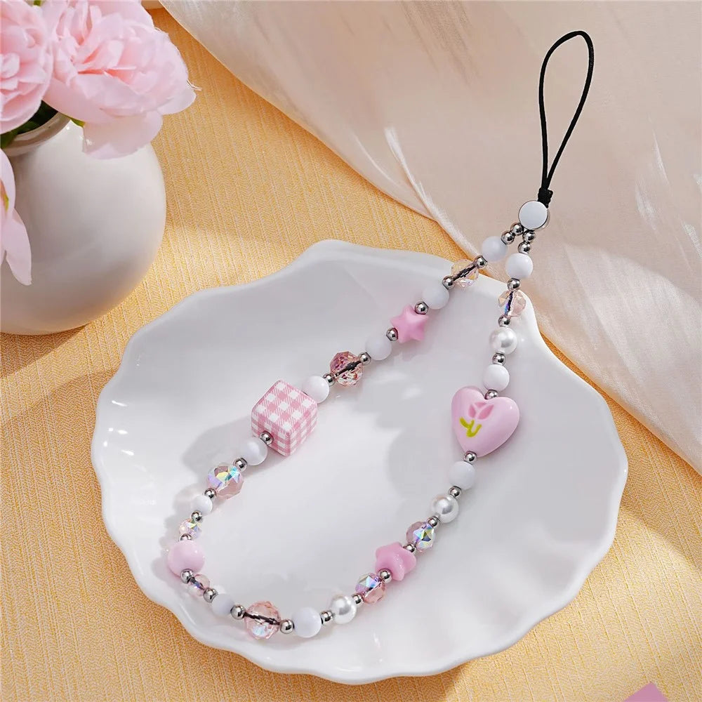 17cm Phone Charm Strap Pink Acrylic Pearl Phone Chain Anti-Loss Mobile Phone Lanyard Hanging Rope - 2