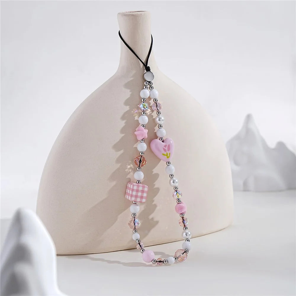 17cm Phone Charm Strap Pink Acrylic Pearl Phone Chain Anti-Loss Mobile Phone Lanyard Hanging Rope - 3