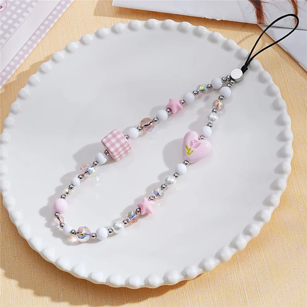 17cm Phone Charm Strap Pink Acrylic Pearl Phone Chain Anti-Loss Mobile Phone Lanyard Hanging Rope - 4