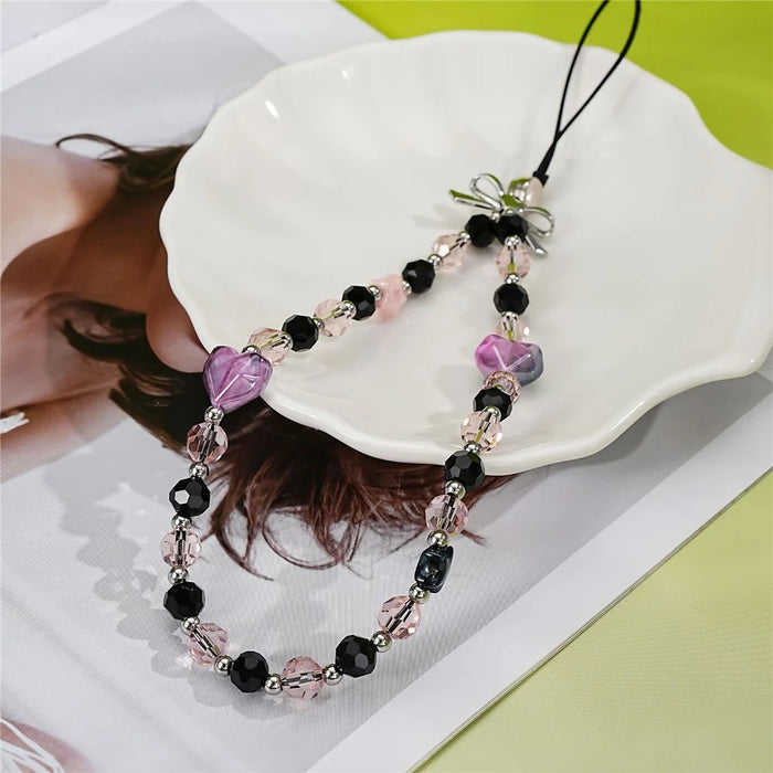 17cm Phone Chain Charm Strap Crystal Heart Star Beads Phone Lanyard Wrist Strap - 4