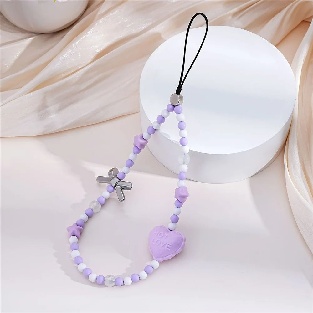 17cm Beaded Phone Lanyard with Star Bow Heart Charm Anti-Lost Wrist Strap Aesthetic Chain - 2