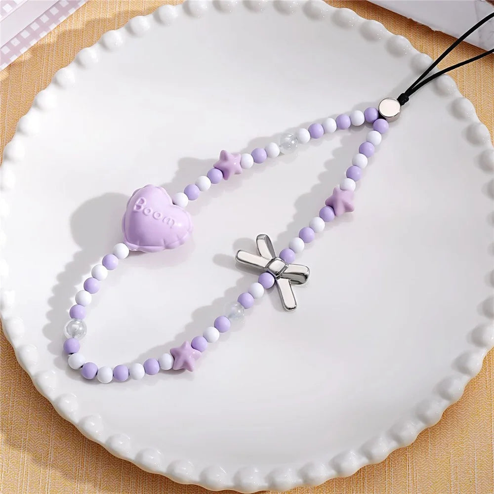 17cm Beaded Phone Lanyard with Star Bow Heart Charm Anti-Lost Wrist Strap Aesthetic Chain - 3