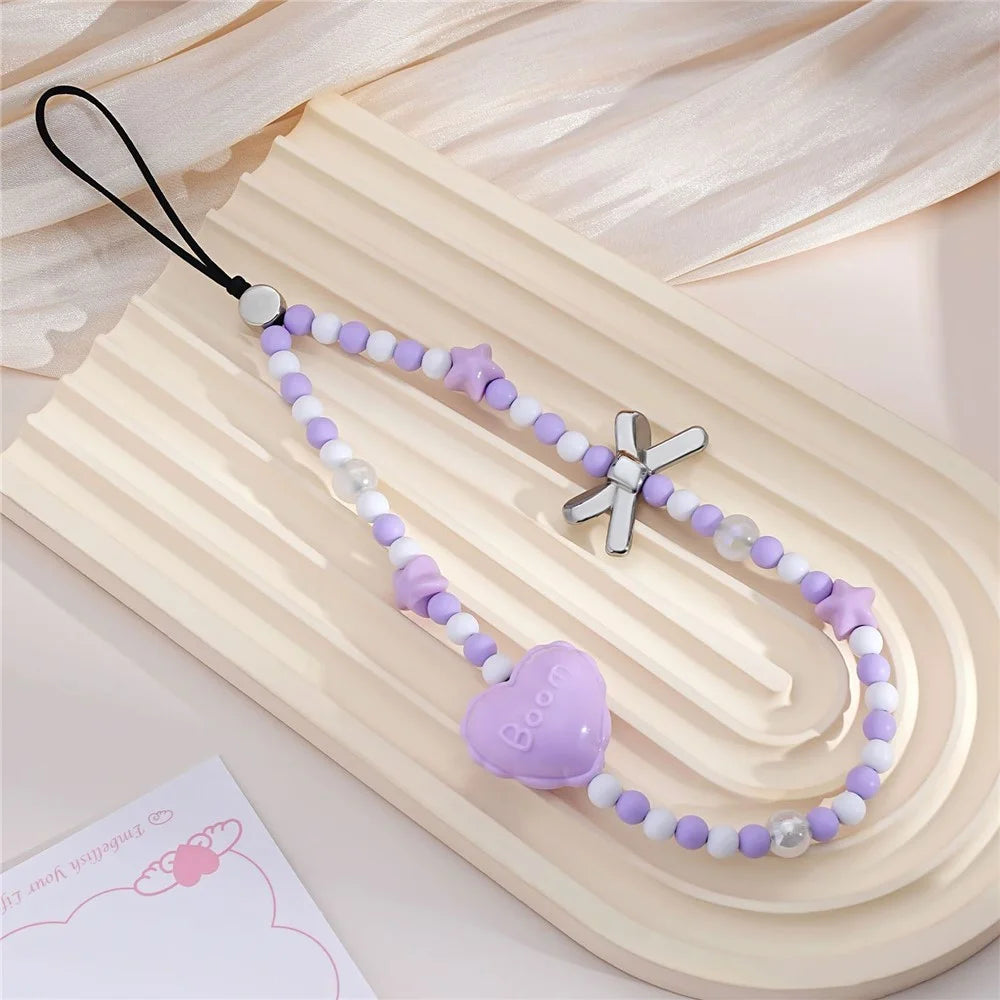 17cm Beaded Phone Lanyard with Star Bow Heart Charm Anti-Lost Wrist Strap Aesthetic Chain - 4