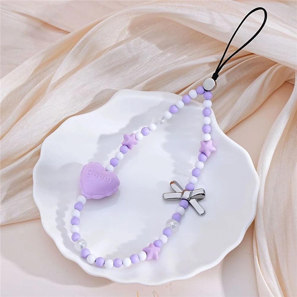 17cm Beaded Phone Lanyard with Star Bow Heart Charm Anti-Lost Wrist Strap Aesthetic Chain - 5