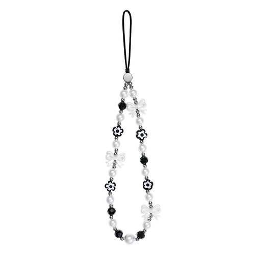 17cm Black White Phone Chain Pearl Bow Flower Charm Anti-Lost Wrist Strap Lanyard - 1