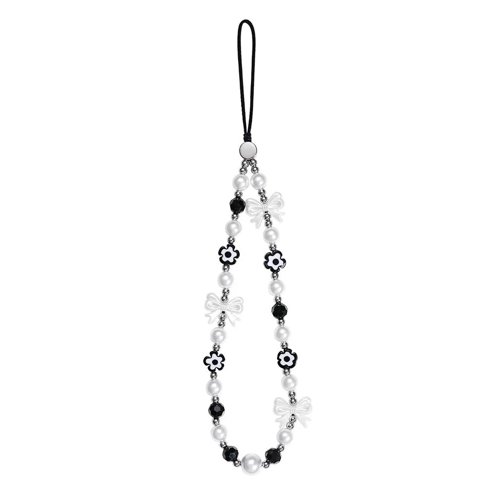 17cm Black White Phone Chain Pearl Bow Flower Charm Anti-Lost Wrist Strap Lanyard - 1