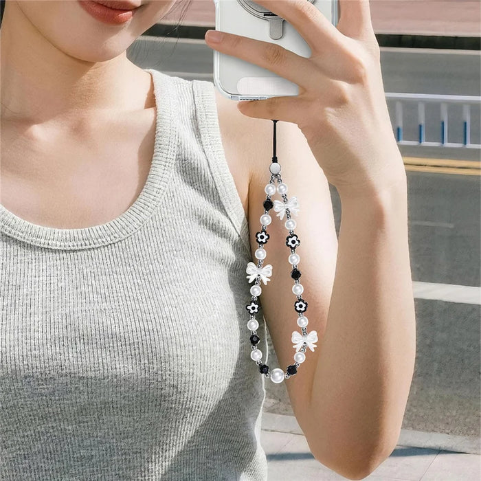 17cm Black White Phone Chain Pearl Bow Flower Charm Anti-Lost Wrist Strap Lanyard - 2