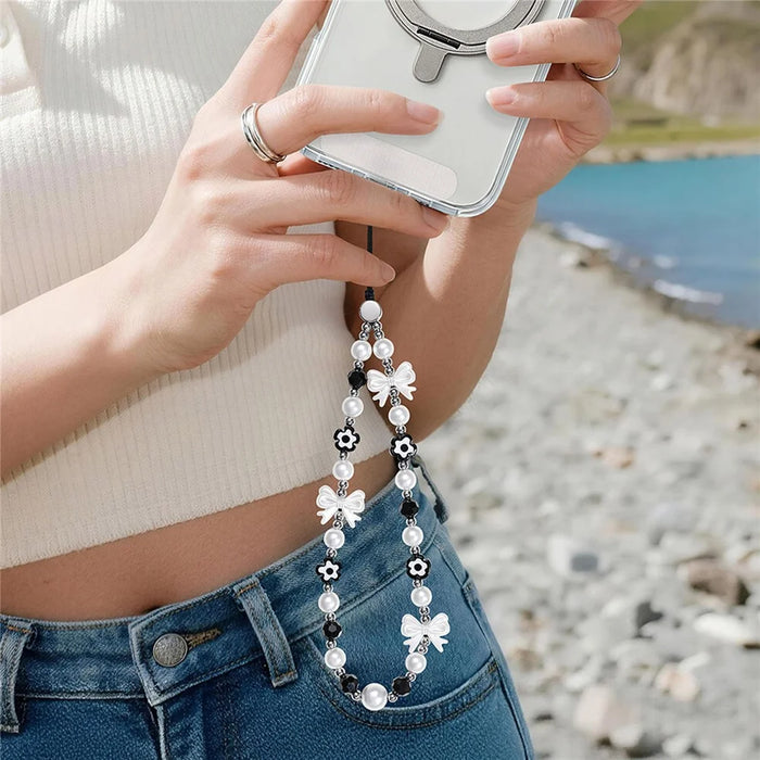 17cm Black White Phone Chain Pearl Bow Flower Charm Anti-Lost Wrist Strap Lanyard - 3