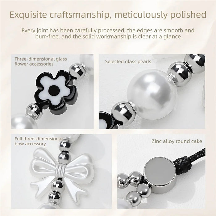 17cm Black White Phone Chain Pearl Bow Flower Charm Anti-Lost Wrist Strap Lanyard - 4