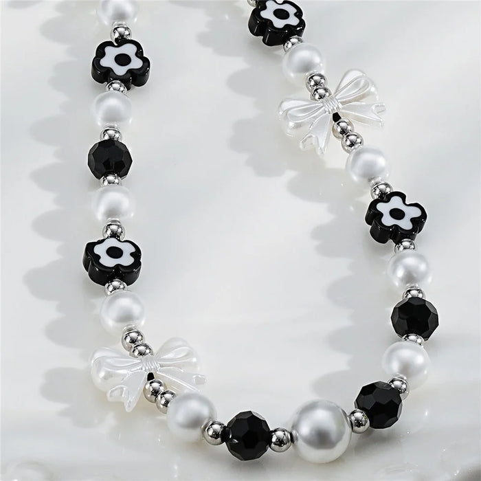 17cm Black White Phone Chain Pearl Bow Flower Charm Anti-Lost Wrist Strap Lanyard - 5